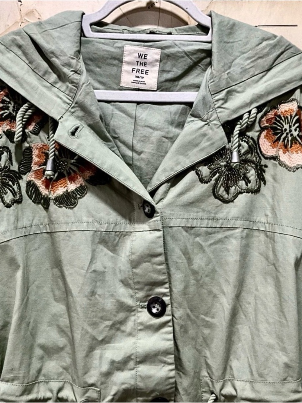 Free People We The Free Davy Jones Parka Hood Embroidery Bead Floral Sage - Picture 8 of 8